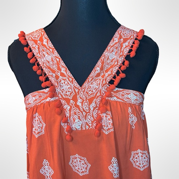 LOFT Petites Orange Bandana Print Sundress with Pom-Pom Trim | Size XSP - Picture 2 of 9